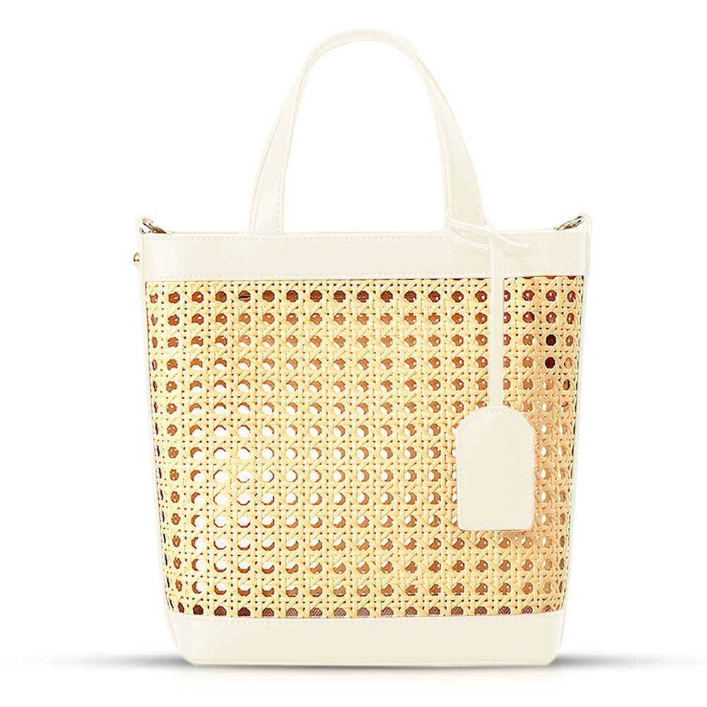 3842 Beach Bag, Bamboo Openwork Straw Bag Stitched Leather, With Adjustable - Picture 1 of 9